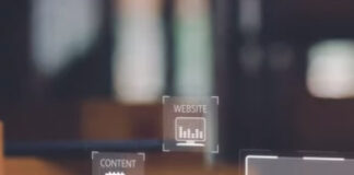 Translucent digital marketing interface icons including website, content, traffic, and SEO symbols overlaid on a blurred workspace, representing online business directory optimization strategies.