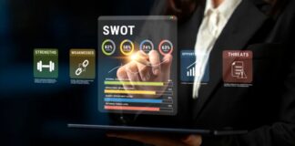 Beyond the Classroom: How to Choose a Business Program That Fits Your Future Business professional holding tablet displaying digital SWOT analysis with colored percentage metrics and category cards, demonstrating AI competitor analysis tools.