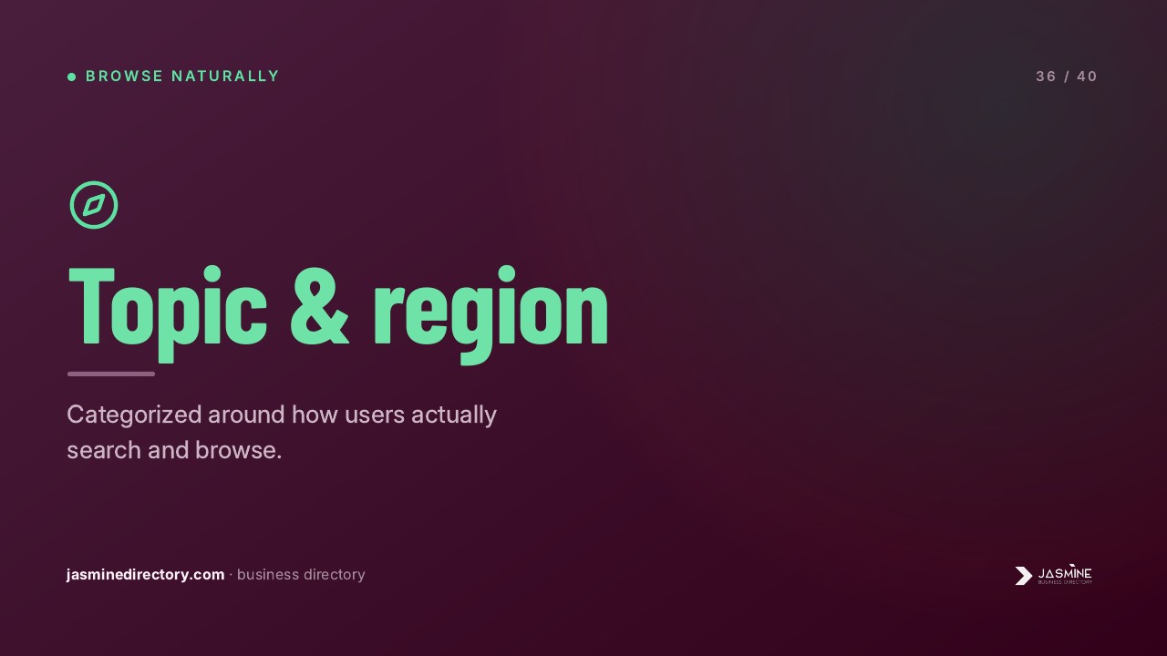 Presentation slide showing topic and region categorization with mint-green typography on purple gradient, illustrating directory search filtering concepts.