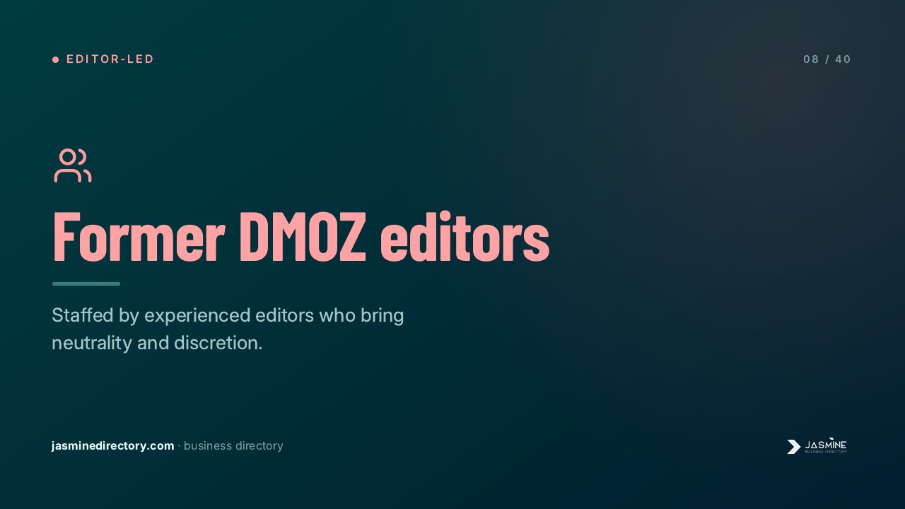Presentation slide with coral-pink text reading 'Former DMOZ editors' on a dark gradient background, illustrating editorial expertise in human-curated web directories.