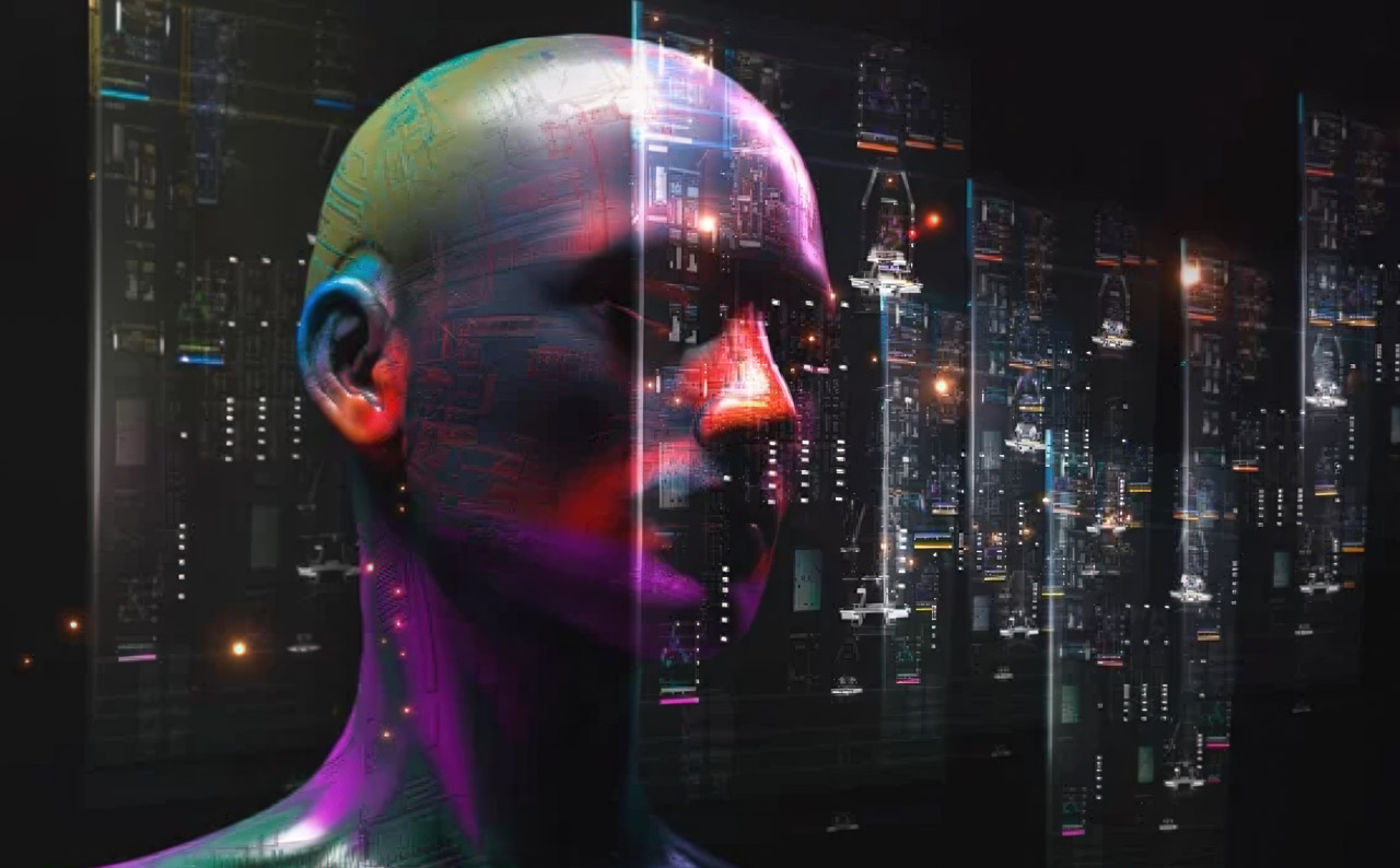 Double exposure portrait blending a human profile with illuminated city skyscrapers and glitch effects, representing digital transformation and AI integration themes.