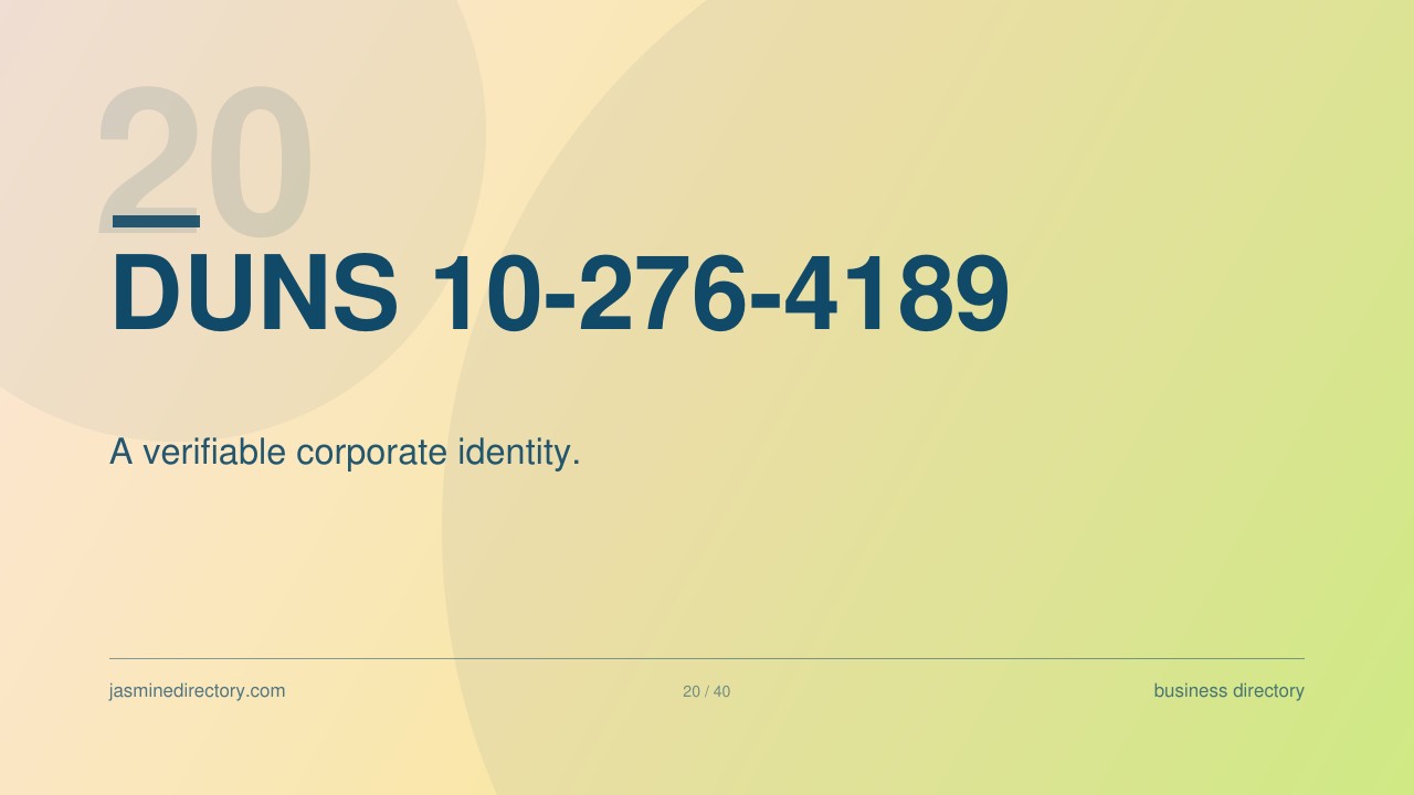 Presentation slide displaying DUNS number 10-276-4189 with subtitle about verifiable corporate identity, illustrating business verification standards in trusted directories.