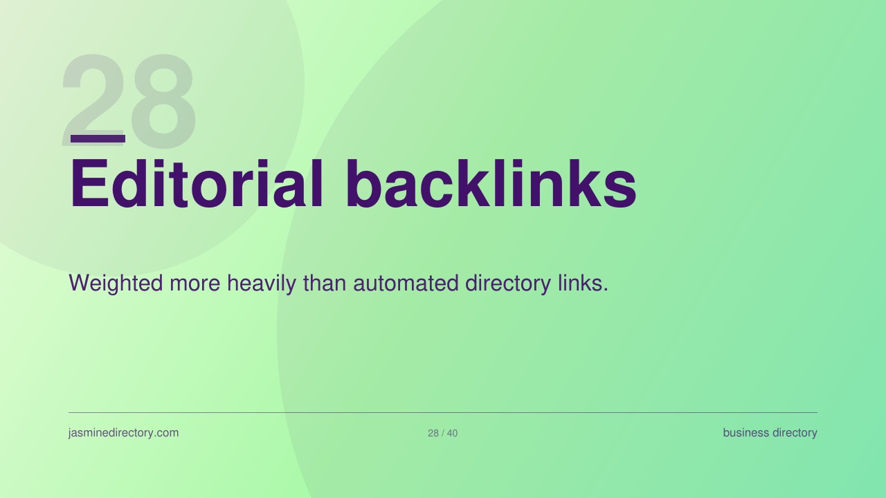 Presentation slide with gradient green background showing page 28 titled 'Editorial backlinks' with explanatory text about weighted directory links, illustrating link-building strategies for business directories.