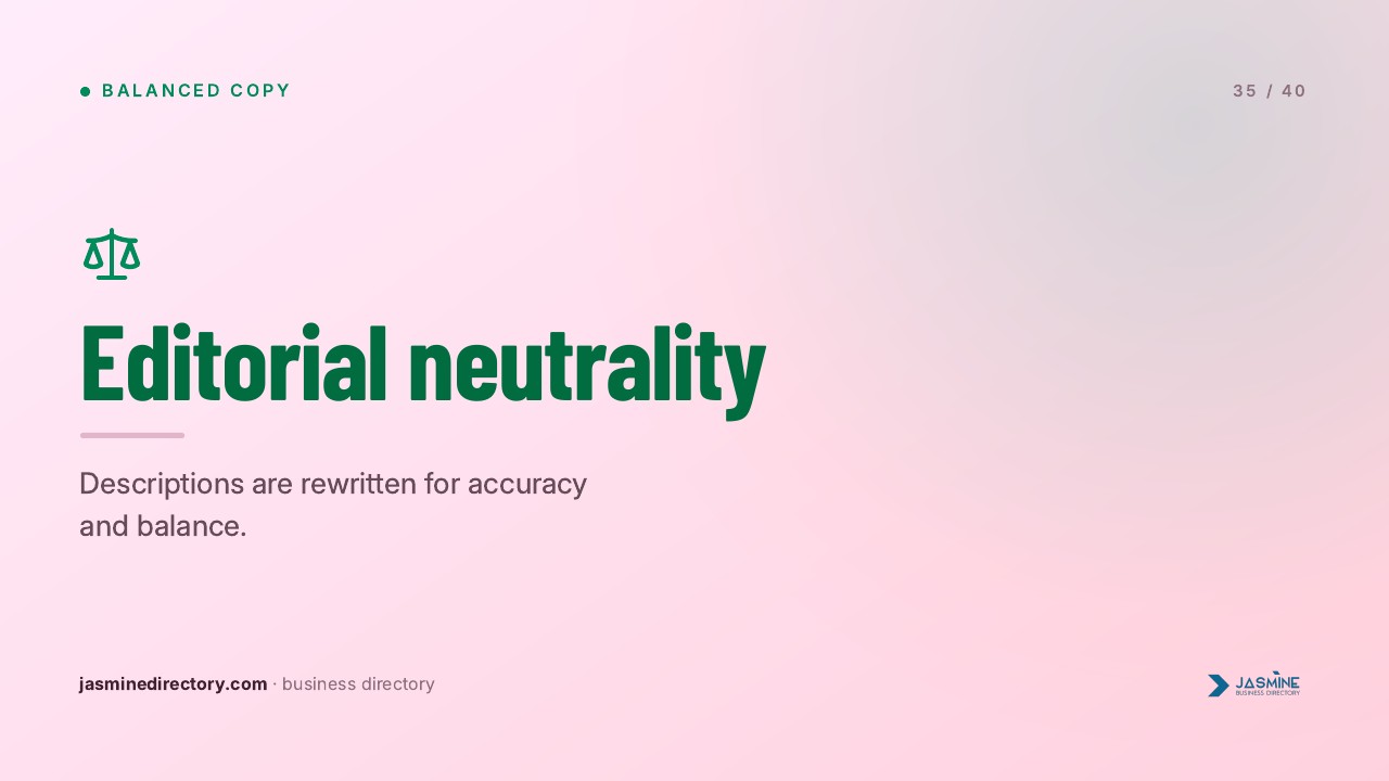 Presentation slide with scales icon and 'Editorial neutrality' heading on pink gradient background, illustrating quality standards for human-edited business directories.