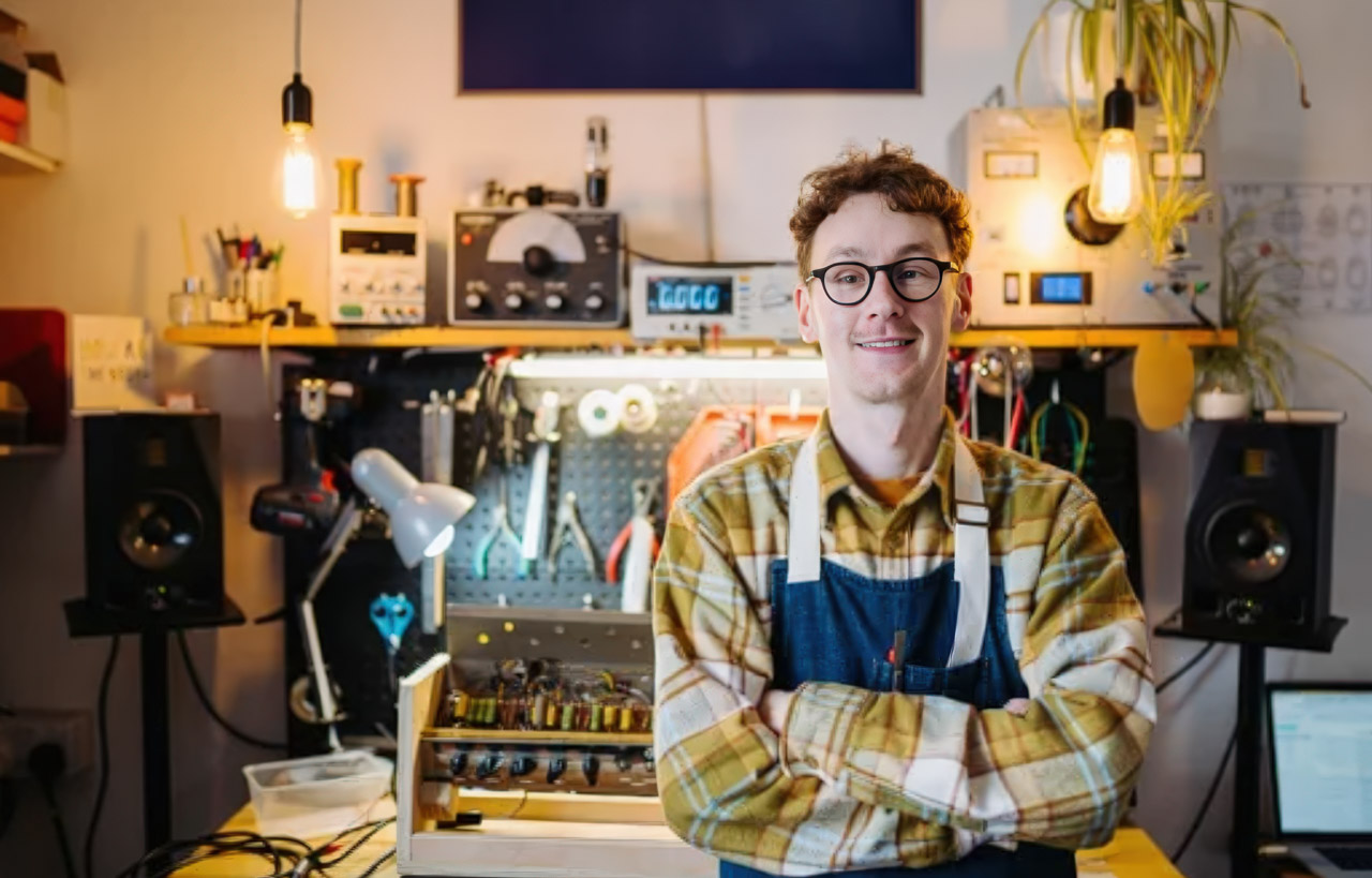 Electronics technician with crossed arms stands confidently in a well-equipped workshop, exemplifying the professional expertise that builds local trust and authority.