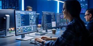 Female IT professional wearing glasses works at computer workstation with multiple monitors displaying code, representing technical audit workflow and website evaluation processes.
