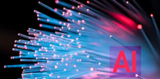 Content Delivery Networks (CDNs) and SEO Impact Illuminated fiber optic cables in blue and pink light with translucent AI block, representing the high-speed network infrastructure that powers content delivery networks.