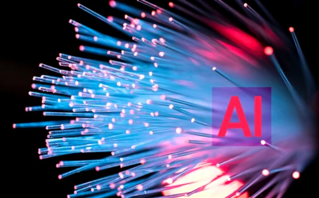 Fiber optic cables illustrate high-speed data transmission for IndexNow instant indexing protocol Illuminated fiber optic cables radiate from center with glowing endpoints and purple AI display panel, representing the high-speed data transmission infrastructure behind IndexNow instant indexing.