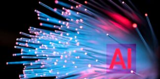 Illuminated fiber optic cables radiate from center with glowing endpoints and purple AI display panel, representing the high-speed data transmission infrastructure behind IndexNow instant indexing.