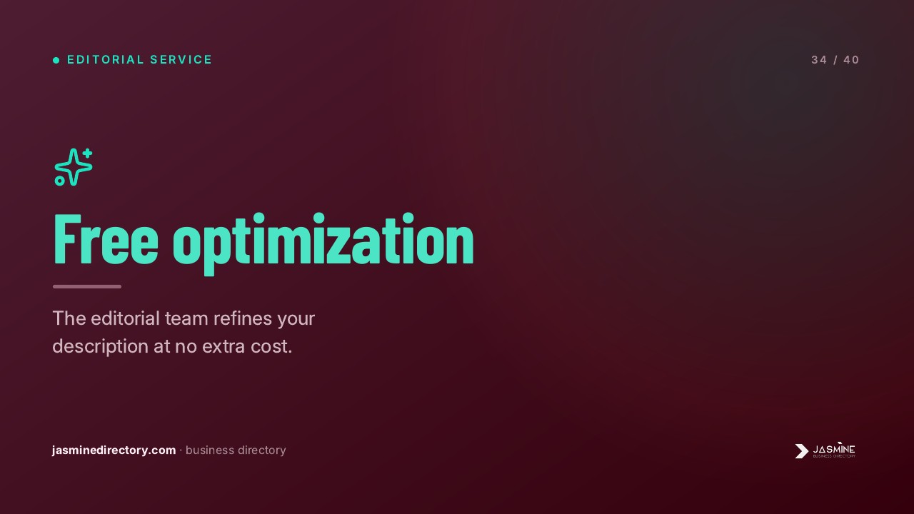 Presentation slide with maroon background showing 'Free optimization' in cyan text with sparkle icon, illustrating directory listing optimization services for business owners.