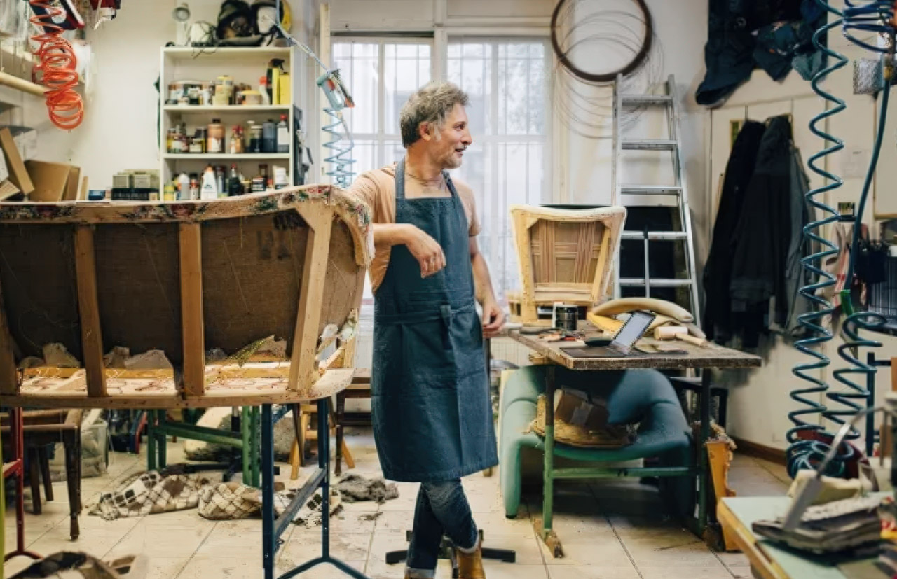 Furniture restorer in blue apron works among chairs in a sunlit workshop, representing specialist craft businesses that customers discover through niche professional directories.