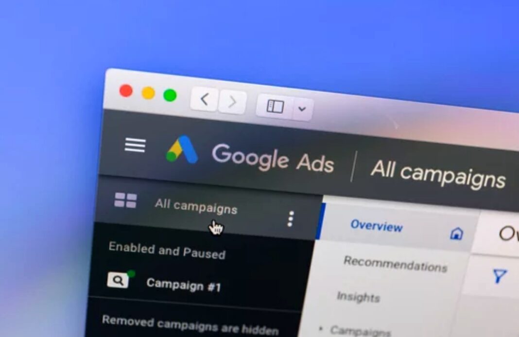 Google Ads interface showing campaign management tools relevant to paid search traffic analysis Computer screen displaying Google Ads dashboard with campaign list and navigation menu, illustrating the paid search advertising platform discussed in the article about AI impact on search traffic.
