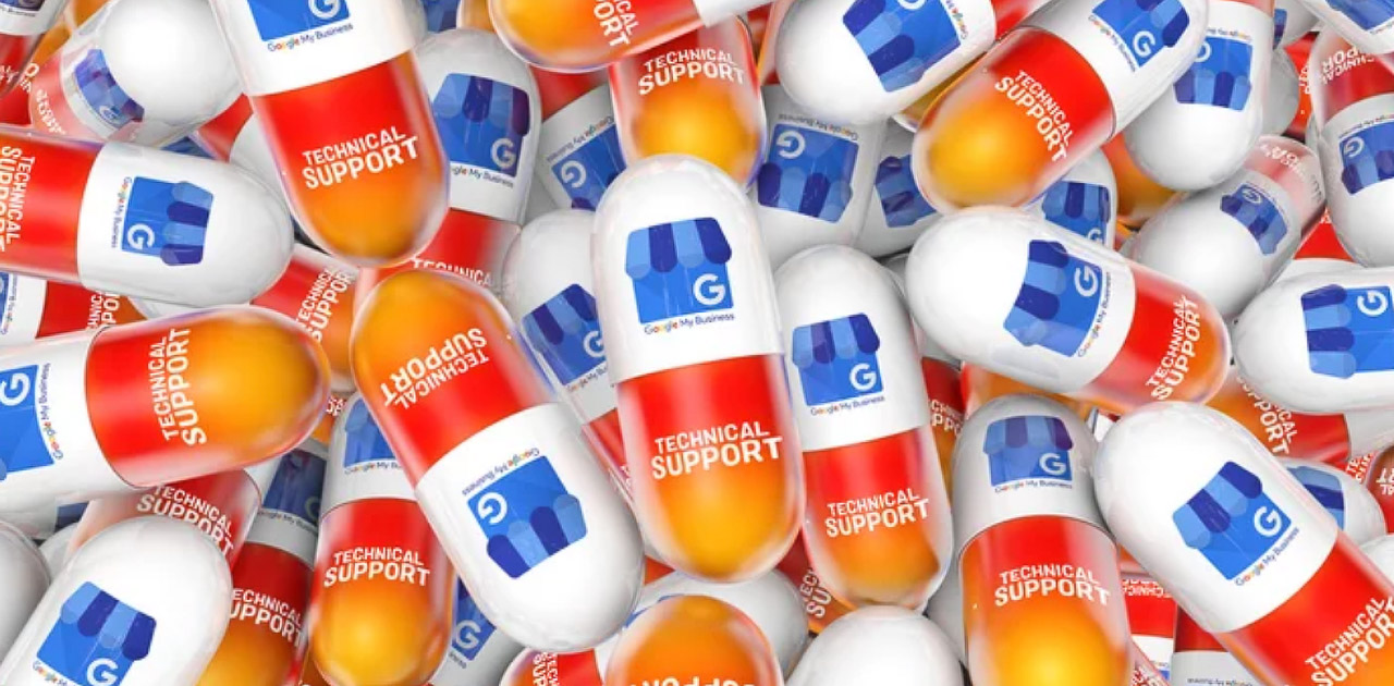 Pharmaceutical-style capsules branded with Google My Business storefront icons and technical support text, representing digital services that help businesses appear on Google Search and Maps.