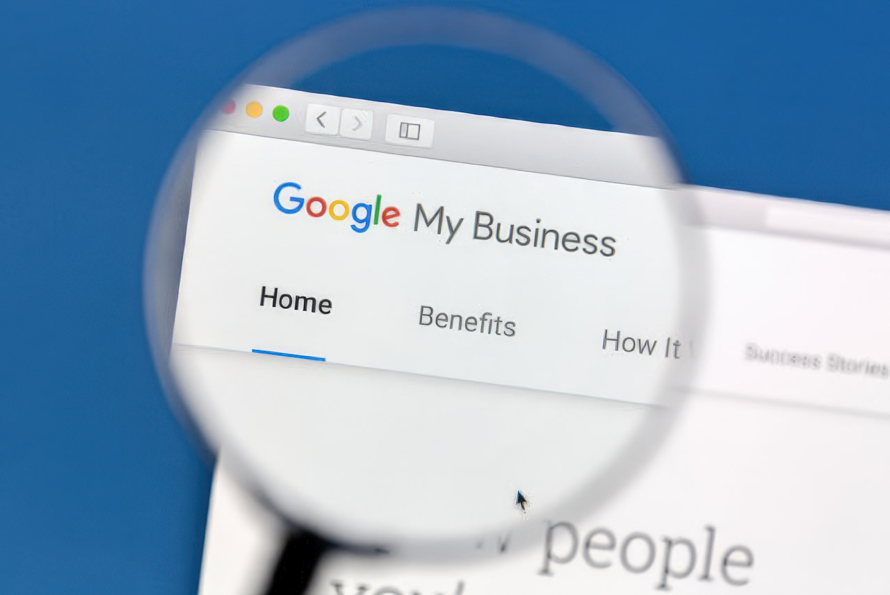 Magnified view of Google My Business website interface on a computer screen, illustrating directory platforms that business owners use to improve search engine optimization and online visibility.