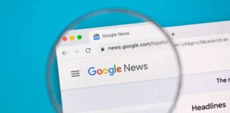 Why Smart Marketers Stopped Trusting Gut Instinct A magnifying glass hovers over a browser displaying the Google News homepage on a turquoise background, symbolizing scrutiny of digital news aggregation platforms.