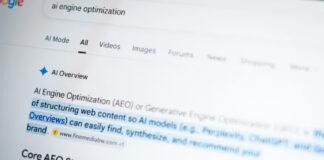 Can AI create an entire SEO strategy? Computer screen displaying Google search results page for AI optimization queries, showing blue hyperlinks and navigation tabs, illustrating SEO strategy research and development.