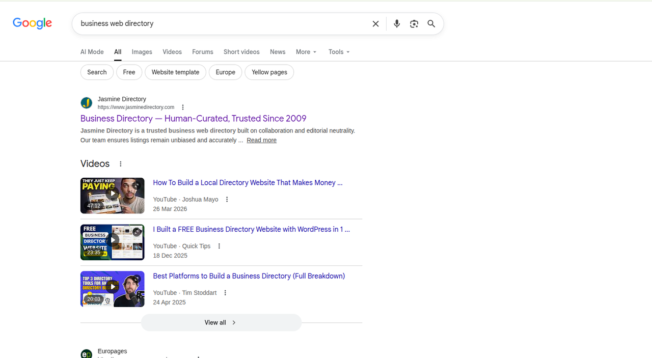 Google search results page showing a query for business web directory with website and video results, illustrating search visibility compared to directory listings.