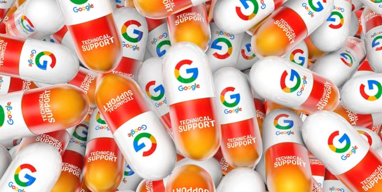 Scattered pill-shaped capsules bearing Google logos and technical support text demonstrate how branded materials build recognition through repeated visual exposure in impression-based marketing.
