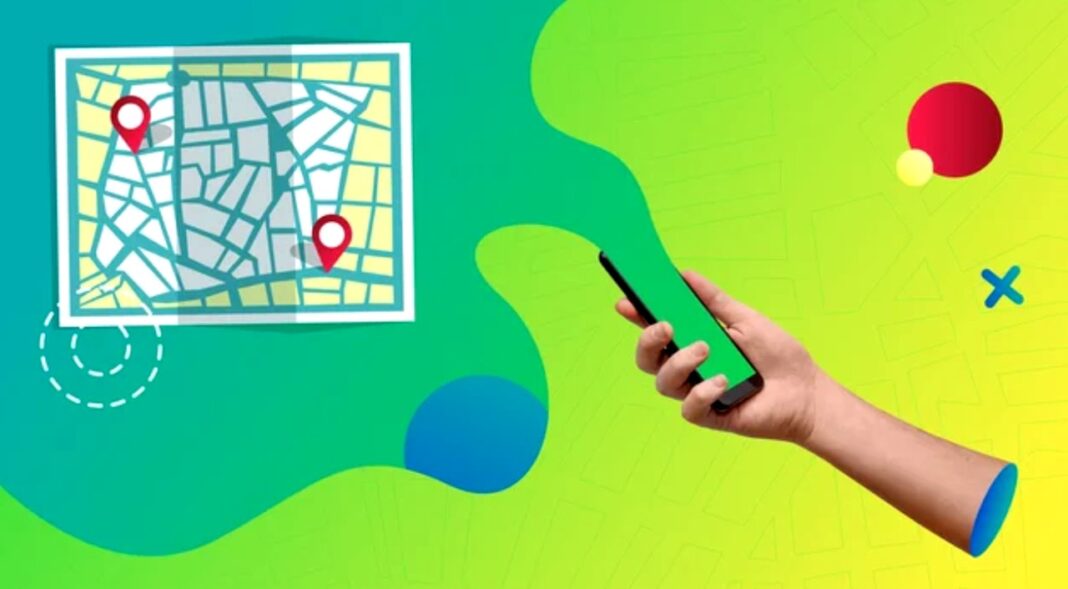 Illustration demonstrating mobile navigation and location-based search functionality for local discovery Hand holding smartphone with colorful map and location pin graphics in an abstract illustration, representing mobile navigation for finding nearby businesses and services.