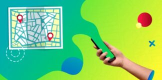 Hand holding smartphone with colorful map and location pin graphics in an abstract illustration, representing mobile navigation for finding nearby businesses and services.