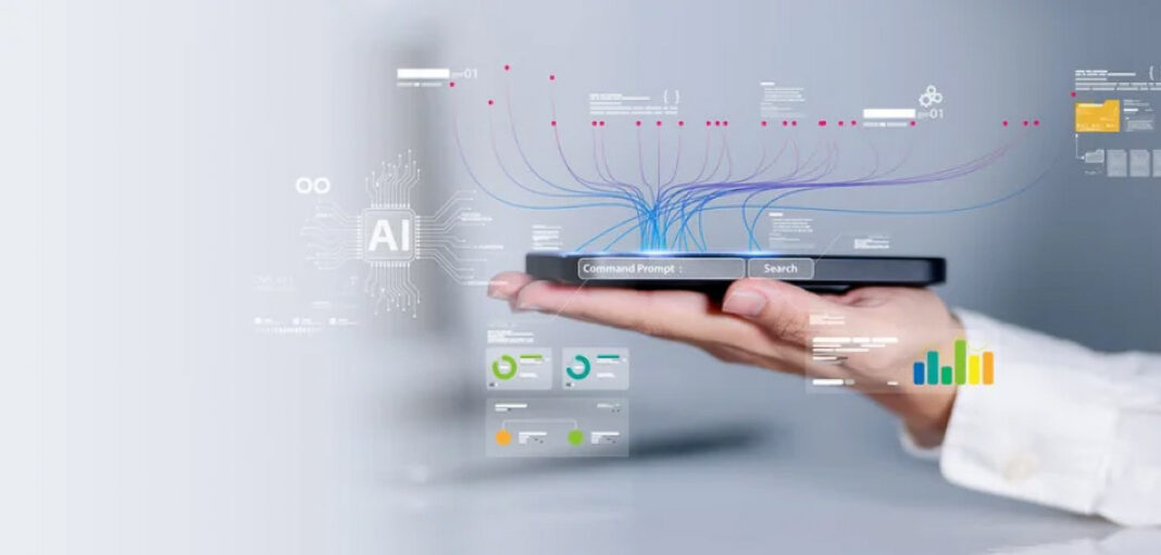 Digital interface illustrates how AI engines process and interpret business directory information Hand holding tablet with AI interface overlay including neural networks and data visualizations, representing how artificial intelligence engines read business directories.