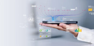 Hand holding tablet with AI interface overlay including neural networks and data visualizations, representing how artificial intelligence engines read business directories.