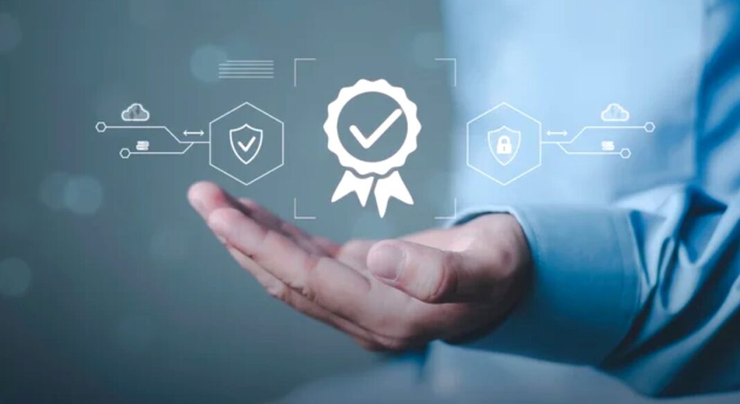 Digital security and certification symbols illustrate verified business listing protection against ad fraud Hand in business attire presented beneath floating digital security icons, certification badges, and shield symbols, representing business verification and fraud prevention measures.