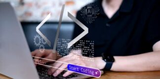The “Knowledge Panel” Source Code: How to Influence It Hands typing on laptop with AI icon and coding interface overlays, representing the technical development work involved in optimizing Google Knowledge Panel source code.