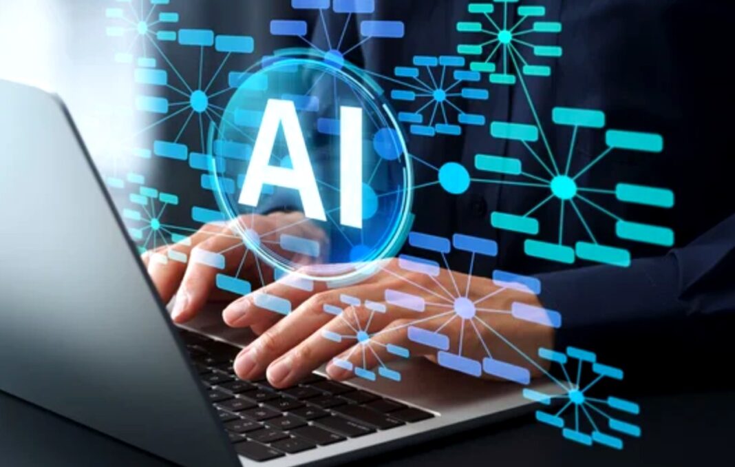 AI technology visualized on laptop screen for modern link building and digital marketing strategies Hands typing on laptop keyboard with glowing AI text and blue network diagrams overlaid on screen, illustrating artificial intelligence applications in link building.