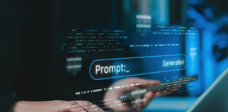 Using AI to Automate the Creation of SEO-Friendly Listings and FAQs Person's hands typing on laptop keyboard with AI prompt interface displayed on screen, showing automation tools used for generating SEO-friendly business listings and FAQ content.