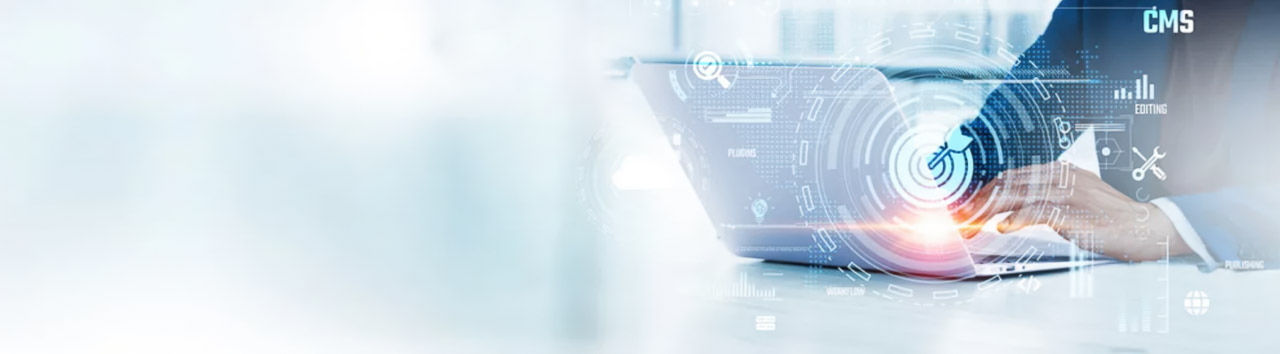 Hands typing on laptop with overlaid holographic graphs and technical icons, representing digital search technology used in business directory research and data analysis.