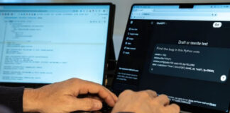 Can I do technical SEO myself? Hands typing on laptop keyboard with dual monitors showing ChatGPT and code editor, representing self-directed technical SEO learning and implementation.