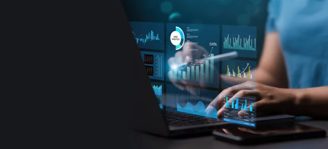 Business intelligence tools reveal search sources in modern directory platforms Hands typing on laptop with holographic data visualizations showing charts and graphs, illustrating the analytical process of uncovering ChatGPT search sources in business directories.