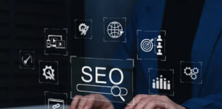 Hands typing on laptop keyboard with overlaid SEO icons including magnifying glass, globe, and performance charts, representing do-it-yourself search engine optimization strategies.