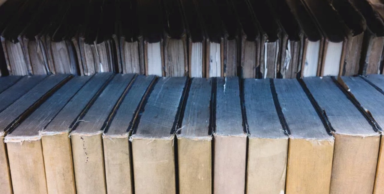 Row of dust-covered hardbound books on a library shelf, symbolizing traditional knowledge organization evolving into searchable digital how-to directories.