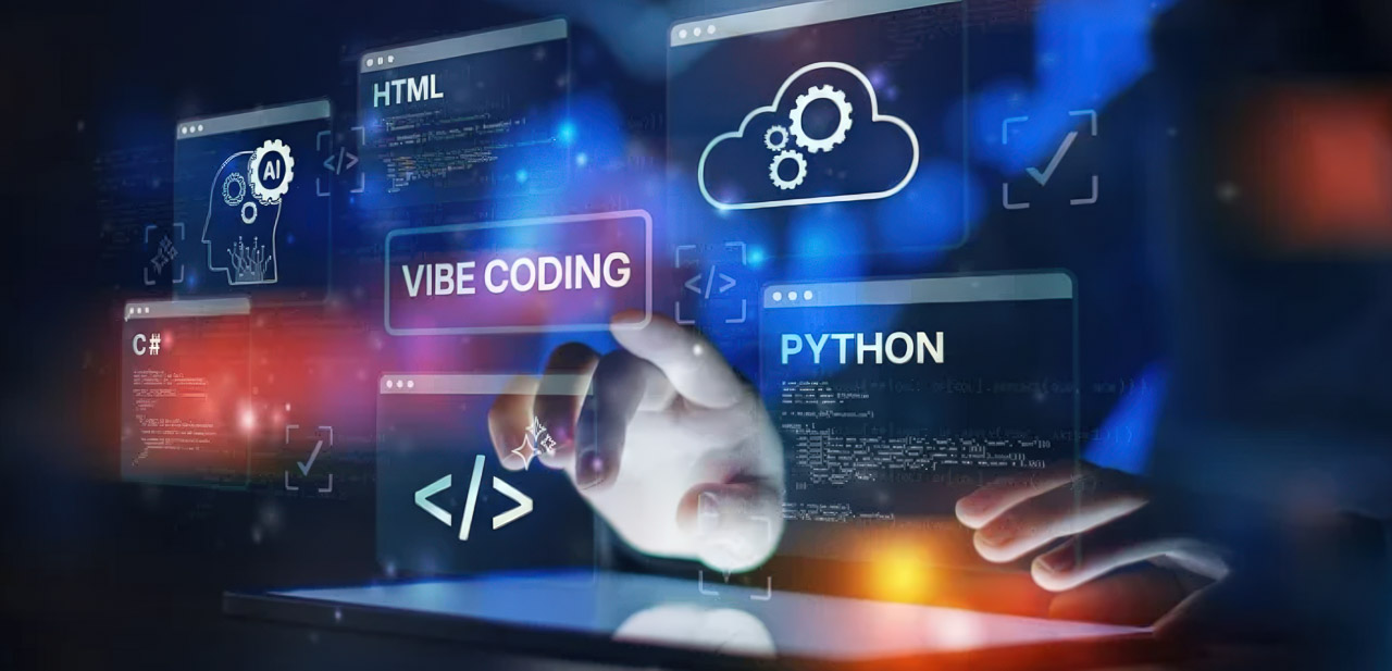 Hands interact with floating holographic code windows and programming language labels in a futuristic interface, representing AI-assisted coding tools for new programmers.