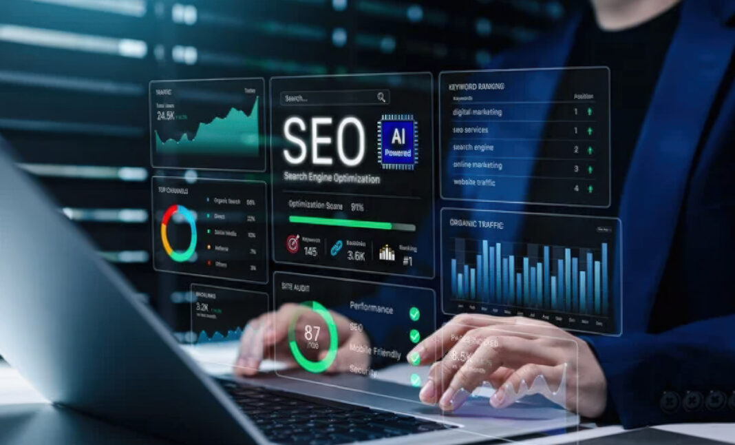 Digital SEO analytics workspace illustrating technical optimization and search engine performance monitoring for 2025 Hands typing on laptop with holographic SEO analytics panels showing charts, metrics, and optimization scores, representing technical search engine optimization processes.