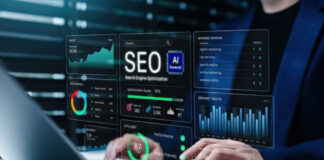 The 2025 Guide to Technical SEO Hands typing on laptop with holographic SEO analytics panels showing charts, metrics, and optimization scores, representing technical search engine optimization processes.