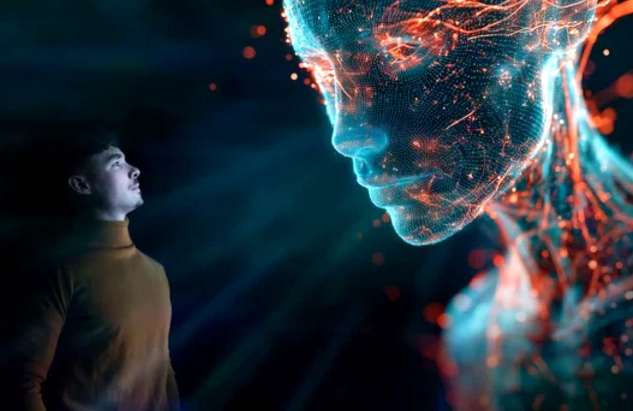 Person in tan turtleneck looks up at glowing wireframe digital face made of cyan and orange particles, illustrating AI transformation of search advertising.
