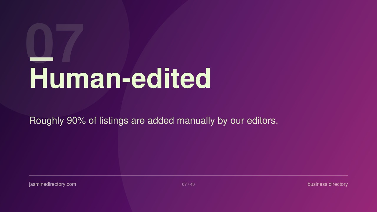 Presentation slide with purple gradient background displaying 'Human-edited' heading and statistics about manual directory editing, illustrating the role of human curation in directory quality control.
