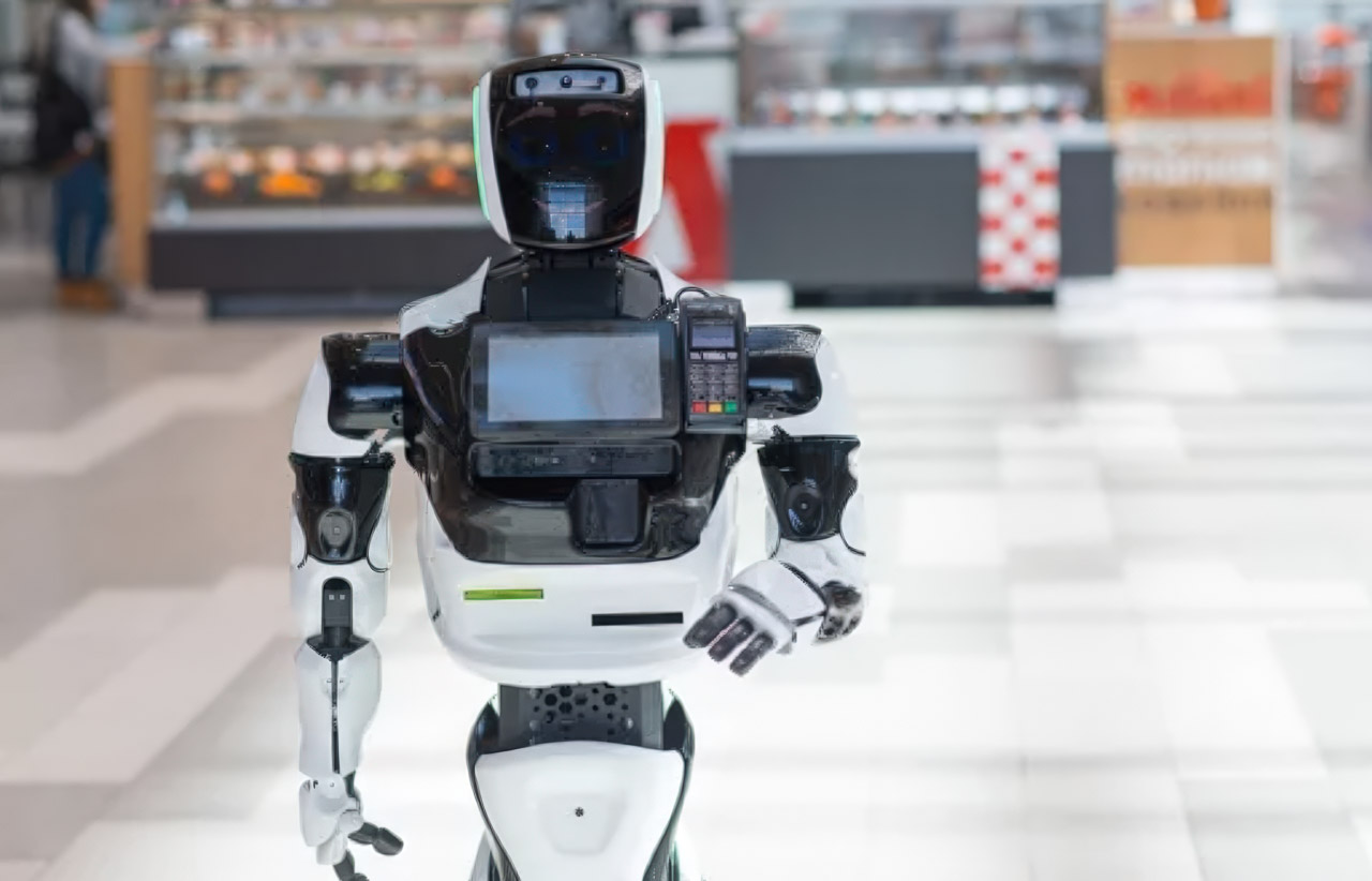 A humanoid service robot equipped with an integrated payment terminal stands in a retail environment, illustrating digital tools transforming customer service experiences.