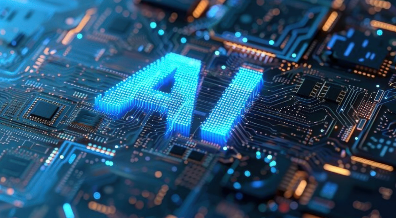 Illuminated blue AI letters on a circuit board with electronic components, representing the technology infrastructure behind autonomous AI search systems.