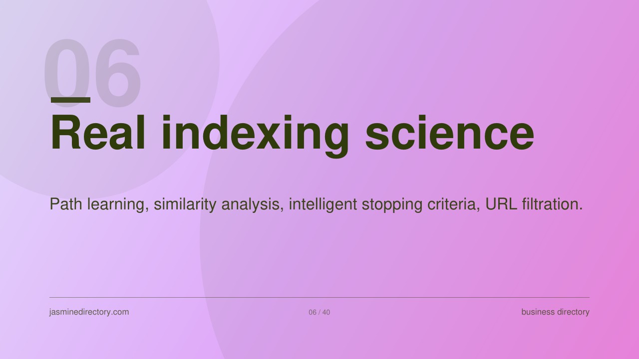 A numbered presentation slide with gradient background from lavender to pink displaying technical content about indexing, illustrating concepts related to search algorithms and directory ranking factors.