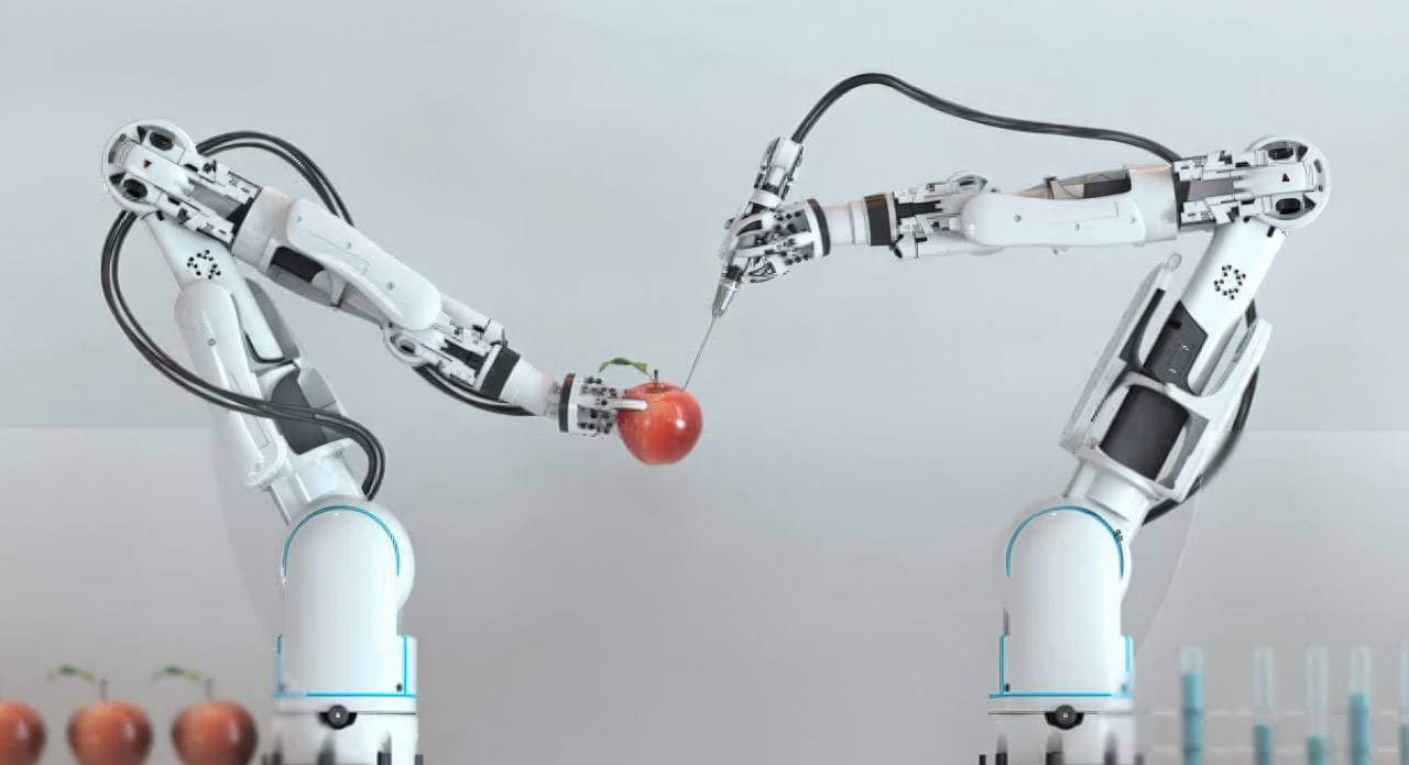 Two white industrial robotic arms face each other with one holding a red apple, illustrating precision and automation in AI-powered data collection systems.