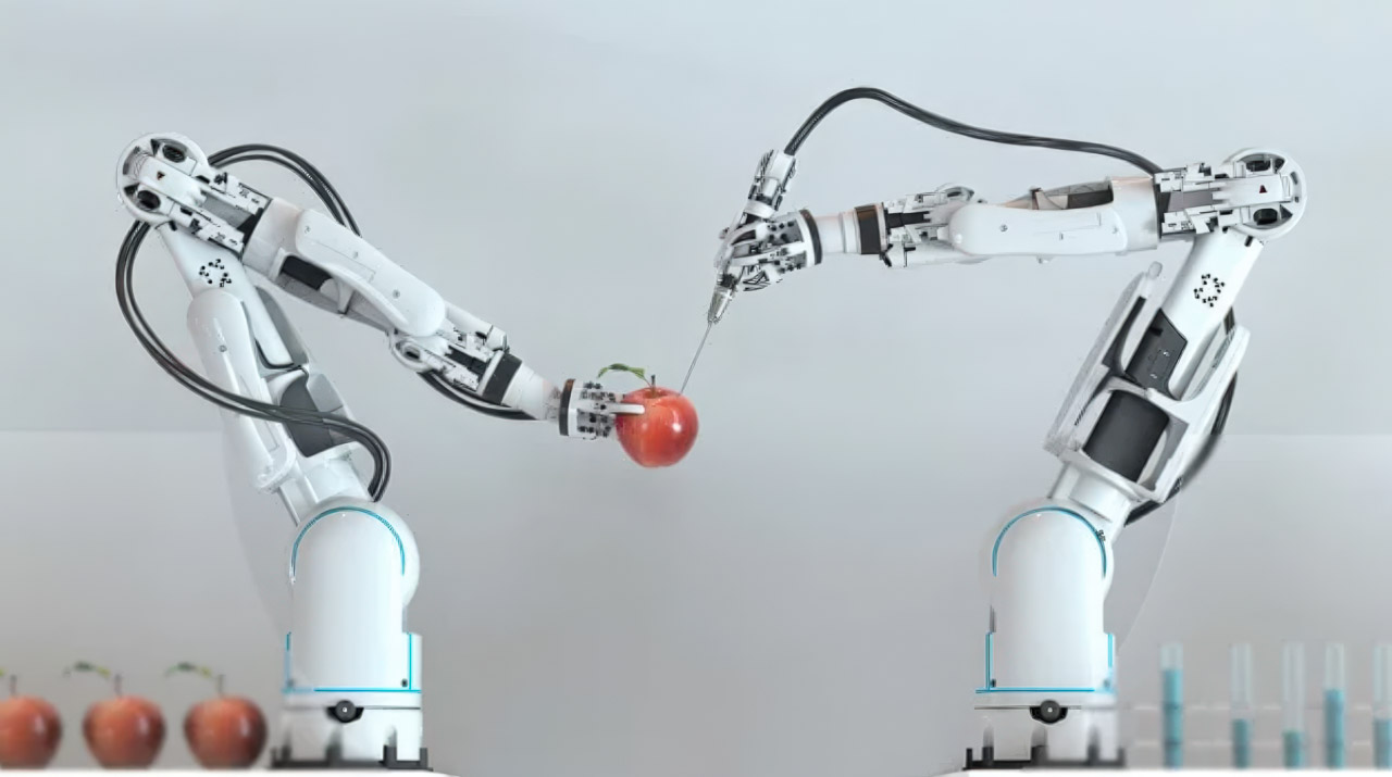 Two white industrial robotic arms pass a red sphere between grippers, illustrating AI-driven automation and real-time data verification in manufacturing.