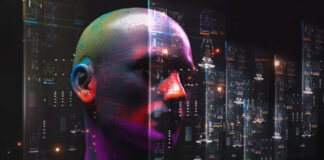 How Do You Prove a Deepfake Scam? Iridescent translucent mannequin head in profile overlays a nighttime cityscape with glowing buildings, representing artificial intelligence trends and digital transformation.