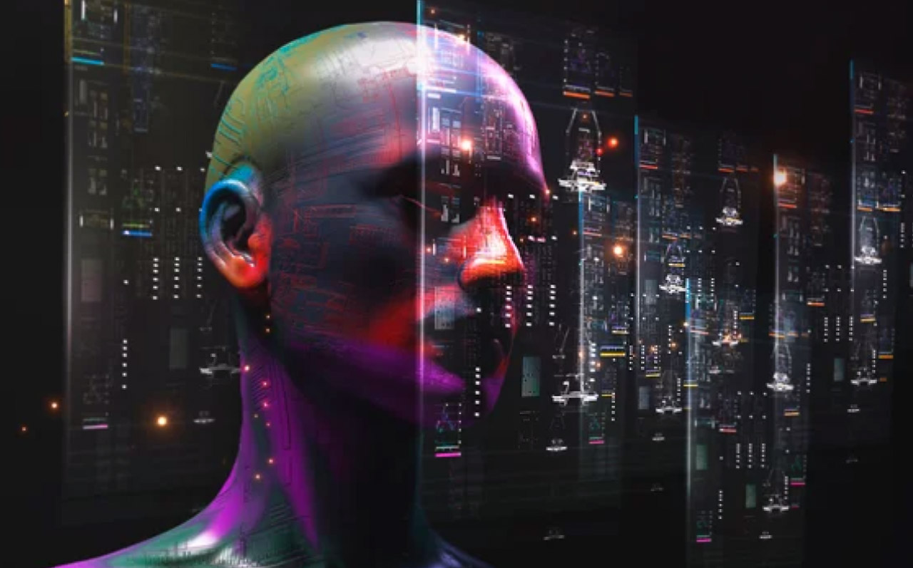 Iridescent translucent mannequin head in profile overlays a nighttime cityscape with glowing buildings, representing artificial intelligence trends and digital transformation.