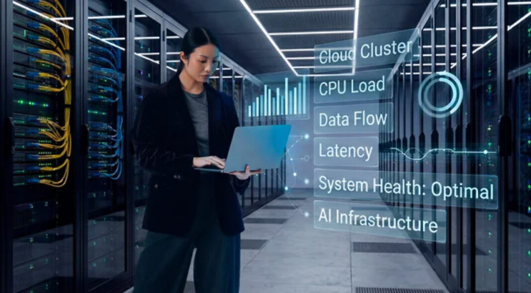 Technician monitors AI infrastructure performance during system recovery procedures IT professional holding laptop in server room with colorful cables and overlay graphics showing system health metrics, illustrating diagnostic monitoring during AI core update recovery.