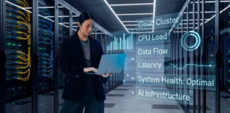 Recovering from an AI Core Update: A Diagnostic Guide IT professional holding laptop in server room with colorful cables and overlay graphics showing system health metrics, illustrating diagnostic monitoring during AI core update recovery.