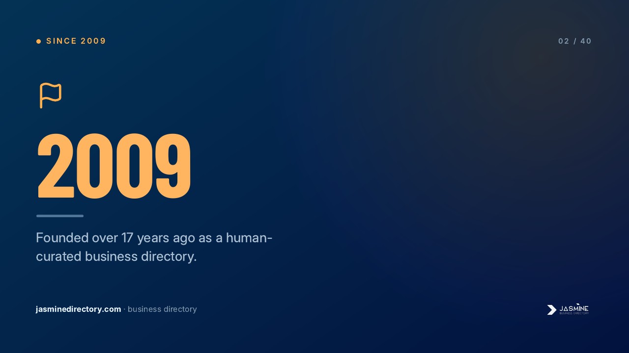 Presentation slide displaying '2009' in large orange text on a dark blue background, representing the founding year in an article about Jasmine Directory's listing audit findings.